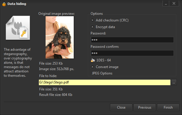 Steganography in JPEG files using photo database tool